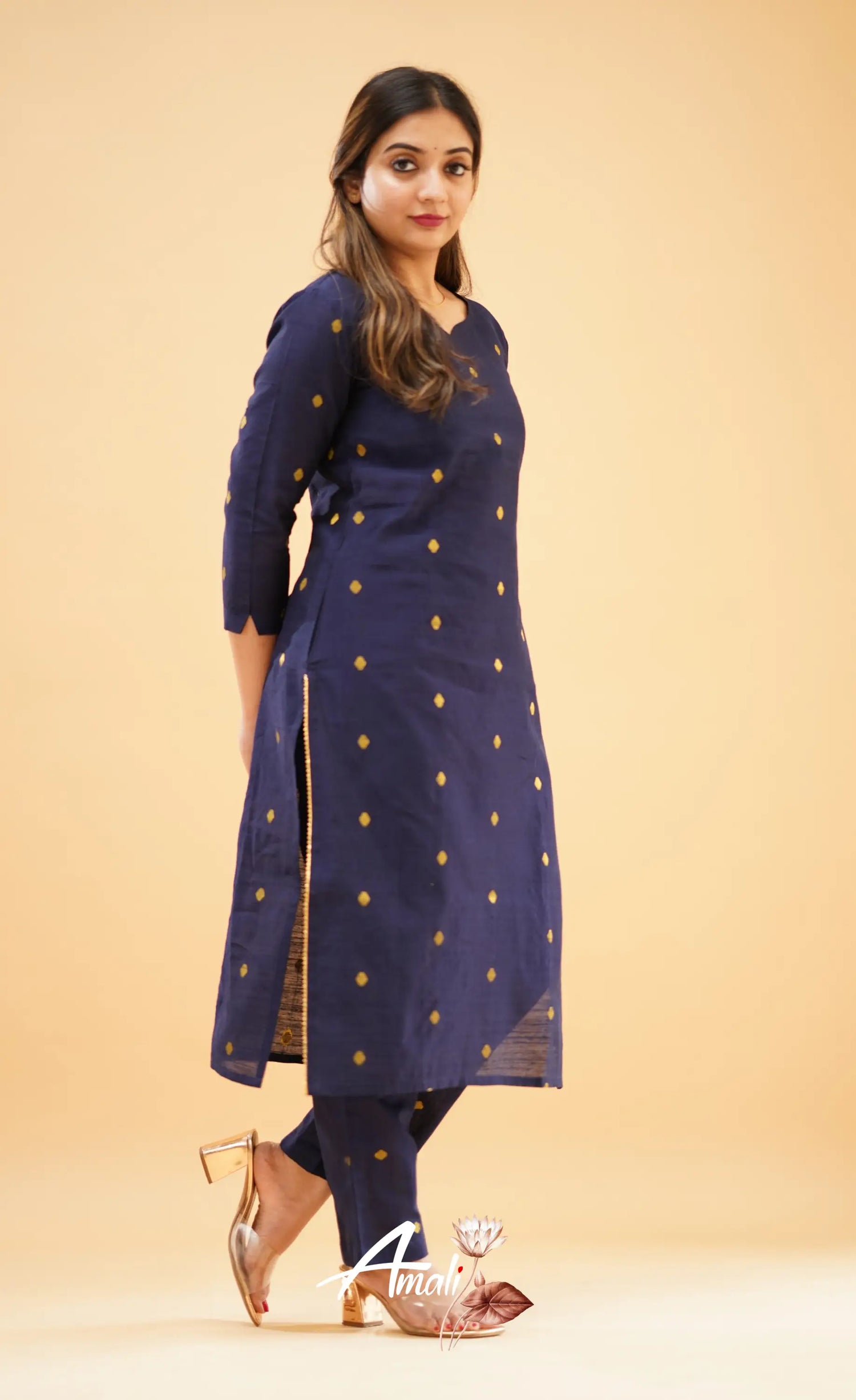 Navy Blue Slub Cotton Silk Co-Ord Set