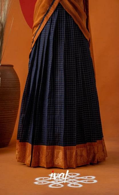 Navy Blue with Mustard Semi-Stitched Cotton Halfsaree Half Sarees