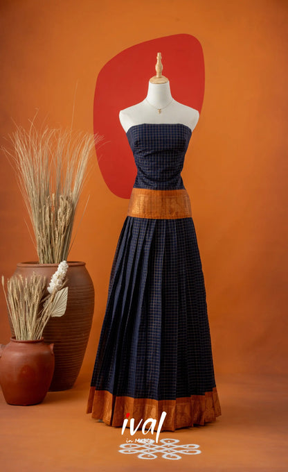 Navy Blue with Mustard Semi-Stitched Cotton Halfsaree Half Sarees