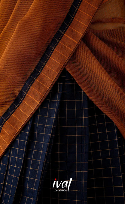 Navy Blue with Mustard Semi-Stitched Cotton Halfsaree Half Sarees