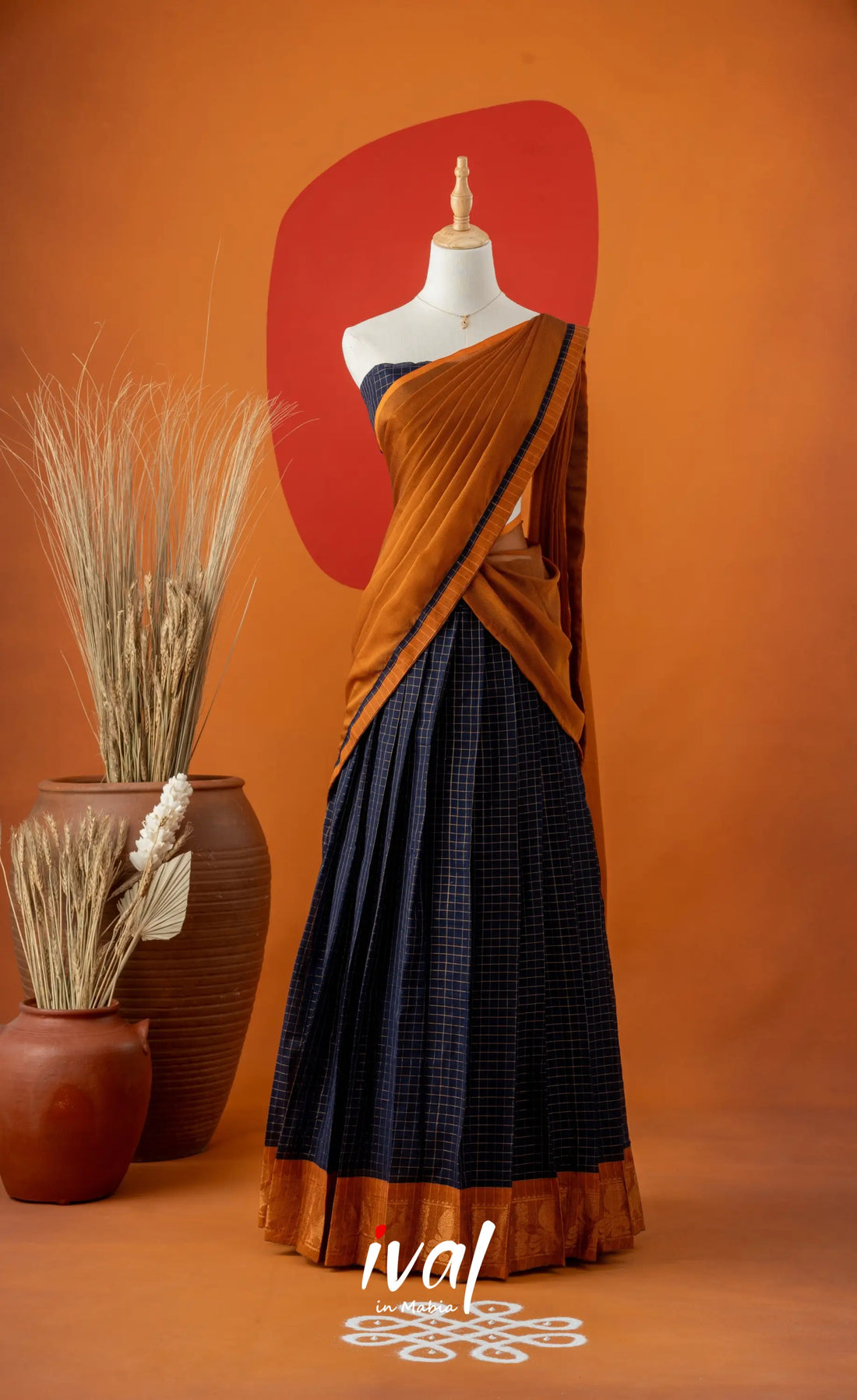 Navy Blue with Mustard Semi-Stitched Cotton Halfsaree Half Sarees