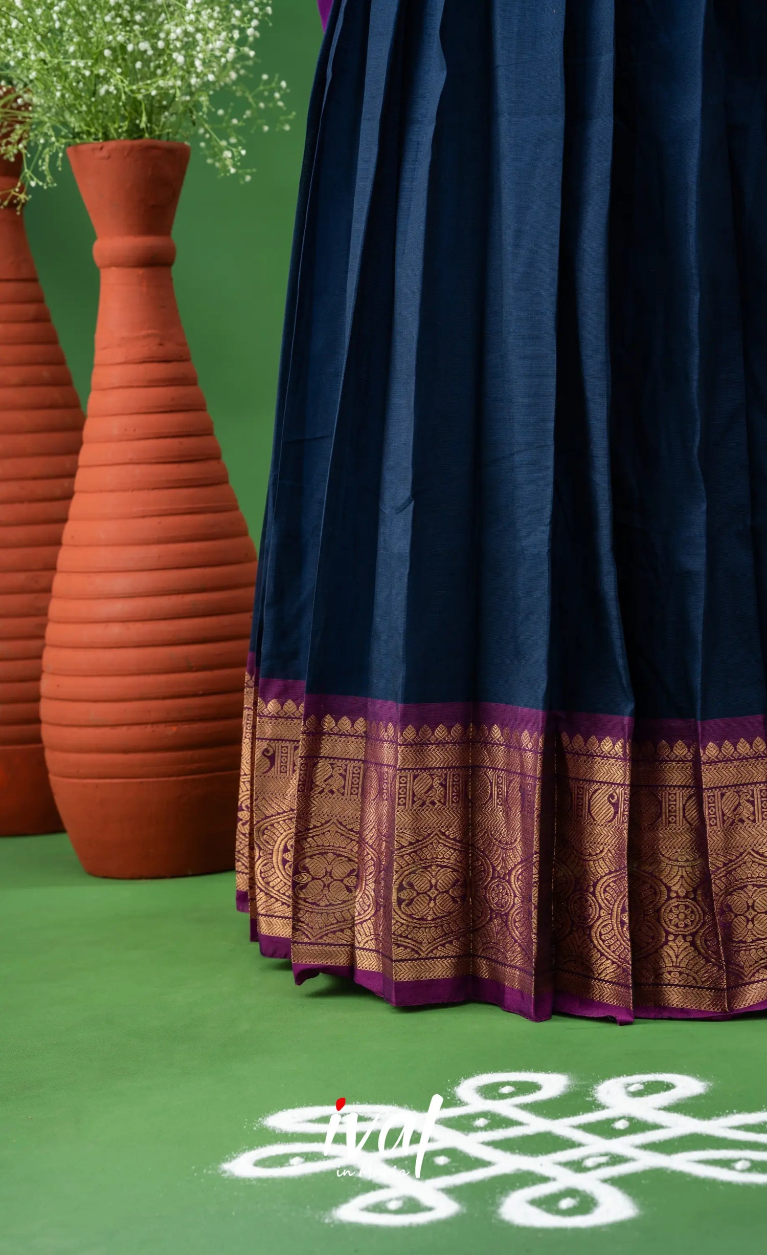 Navy Blue with Violet Semi-Stitched Cotton Halfsaree Half Sarees