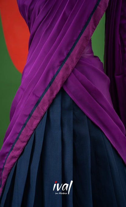 Navy Blue with Violet Semi-Stitched Cotton Halfsaree Half Sarees