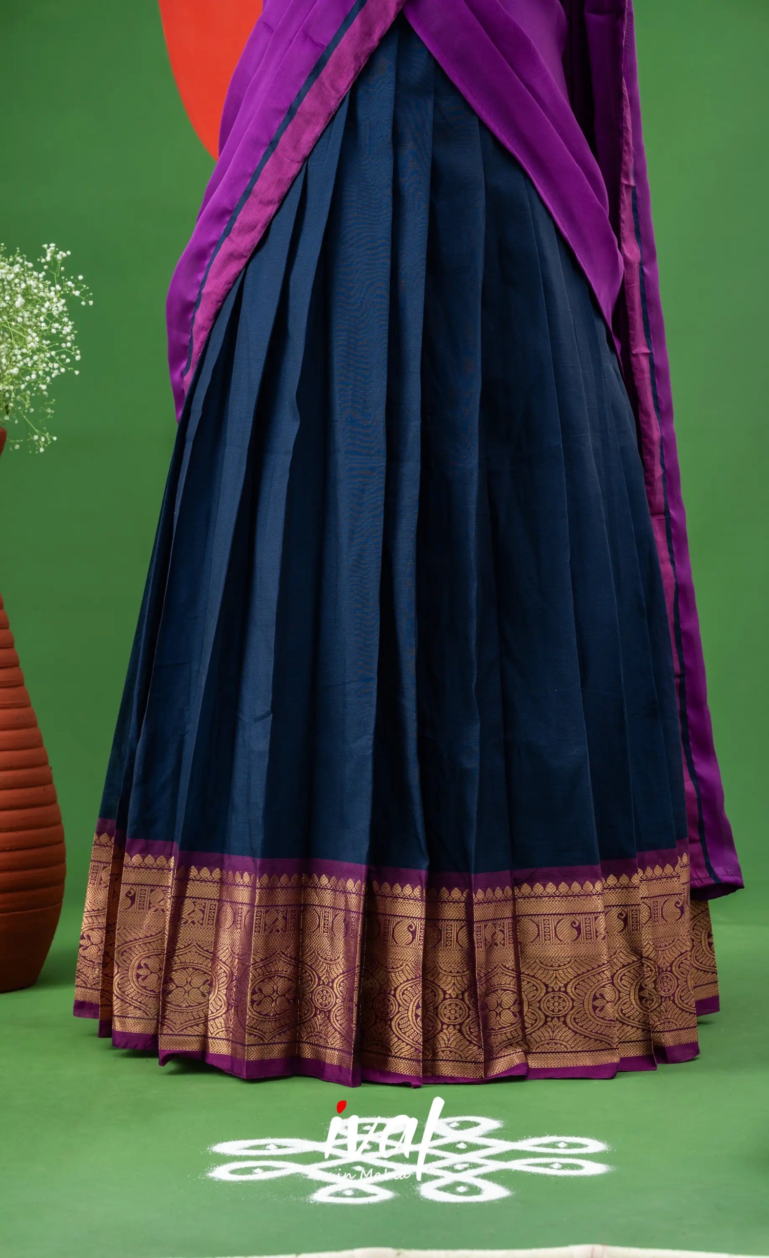 Navy Blue with Violet Semi-Stitched Cotton Halfsaree Half Sarees