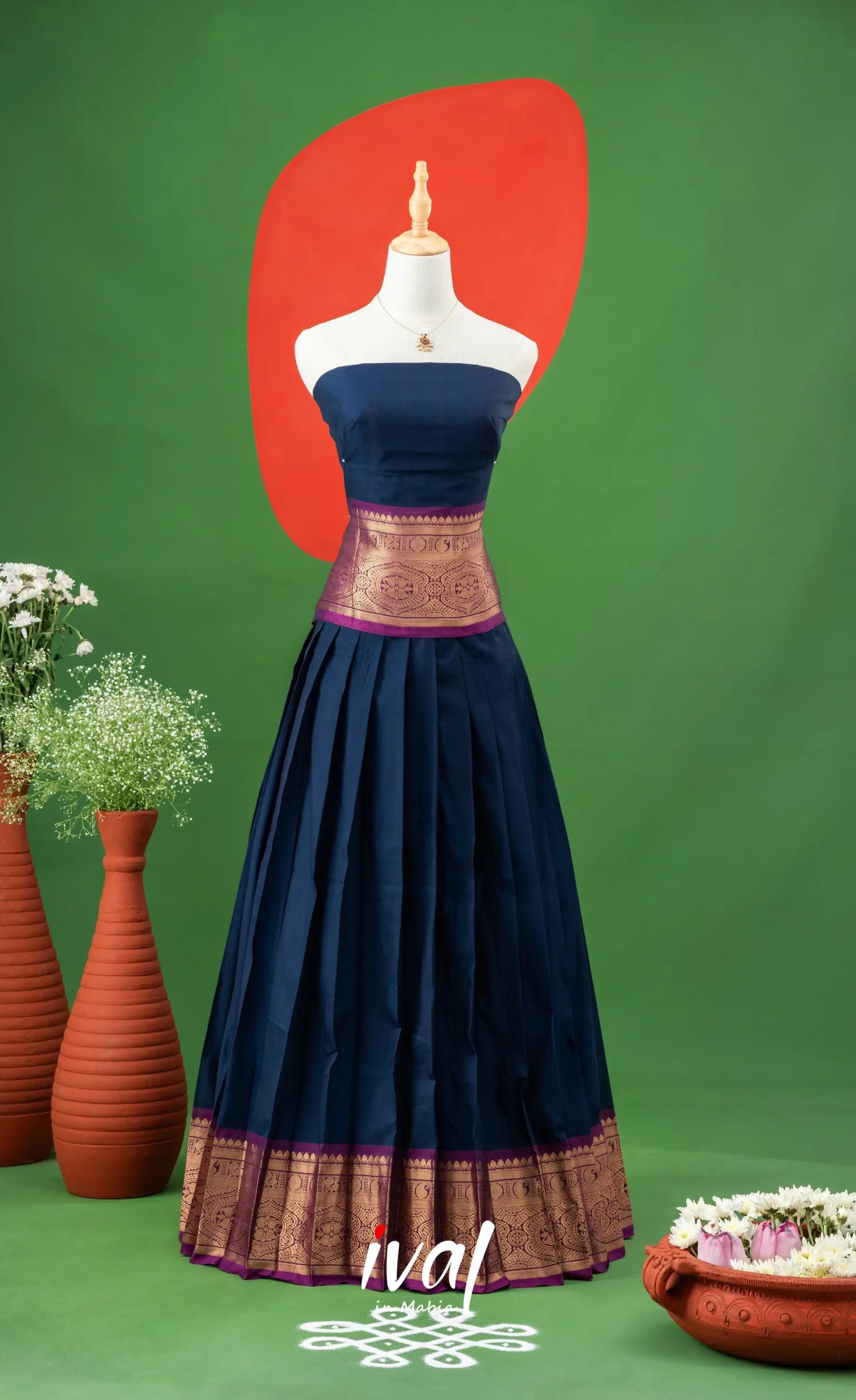 Navy Blue with Violet Semi-Stitched Cotton Halfsaree Half Sarees