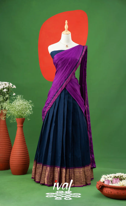 Navy Blue with Violet Semi-Stitched Cotton Halfsaree Half Sarees