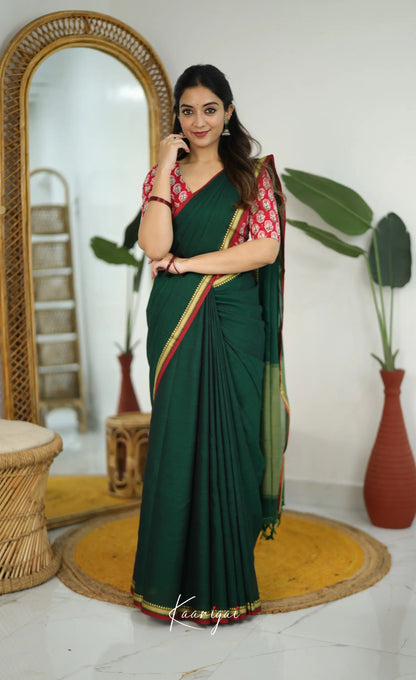 Nira Narayanpet Cotton Saree - Dark Green - Sarees