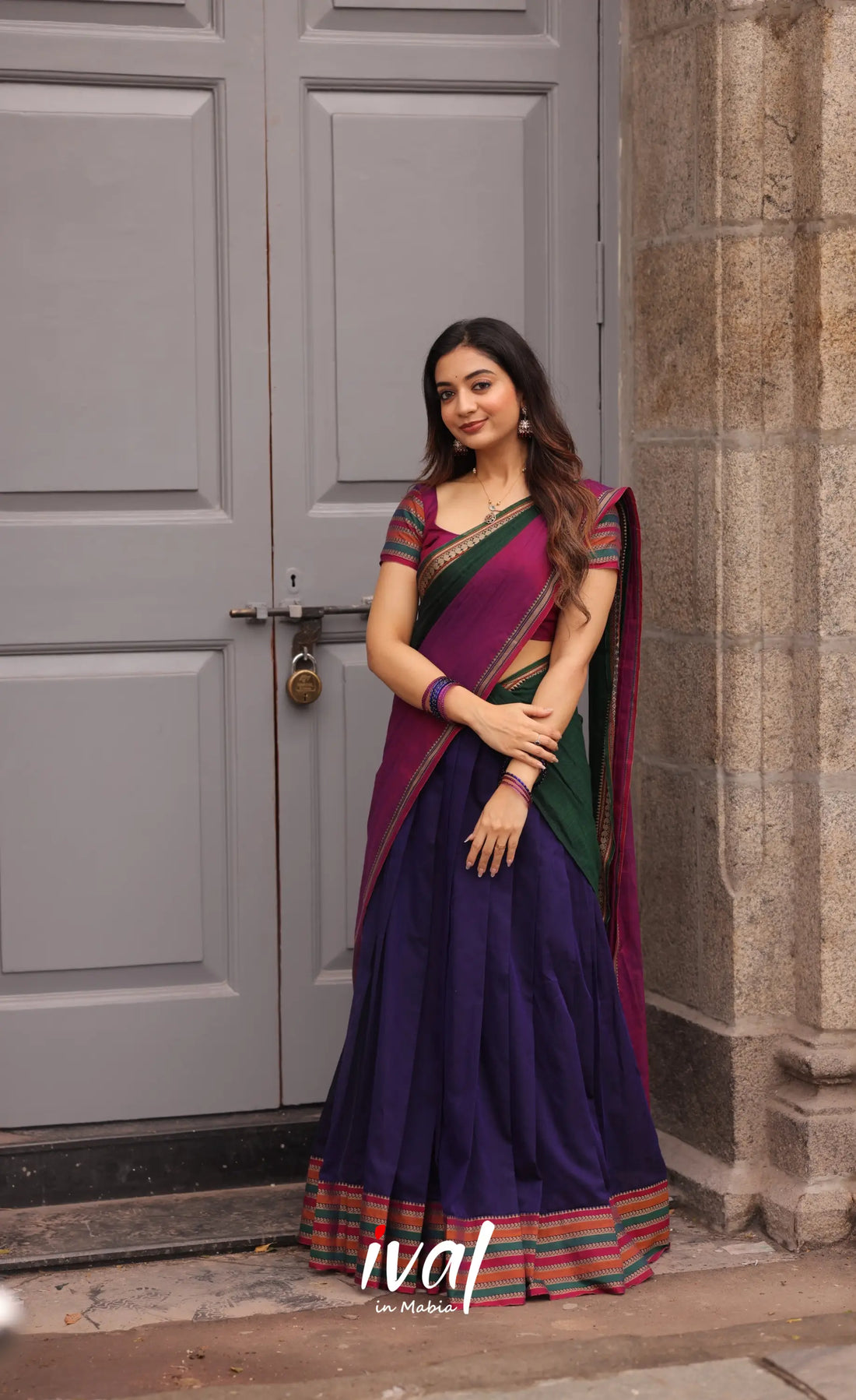 Niyati - Dark Purplish Blue with Violet Narayanpet cotton Halfsaree - Half Sarees