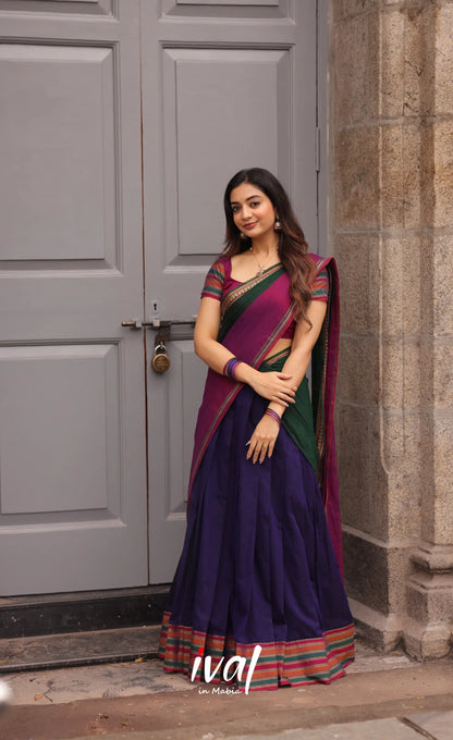 Niyati - Dark Purplish Blue with Violet Narayanpet cotton Halfsaree - Half Sarees