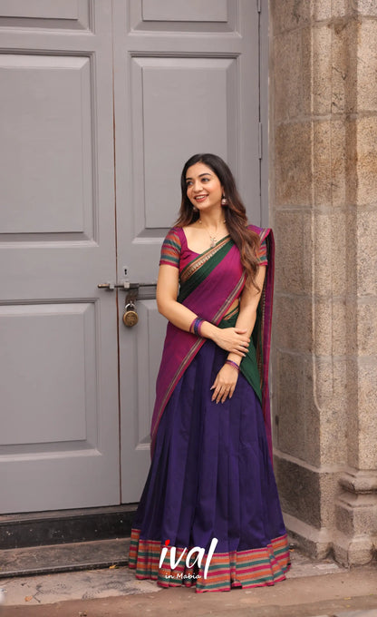 Niyati - Dark Purplish Blue with Violet Narayanpet cotton Halfsaree - Half Sarees