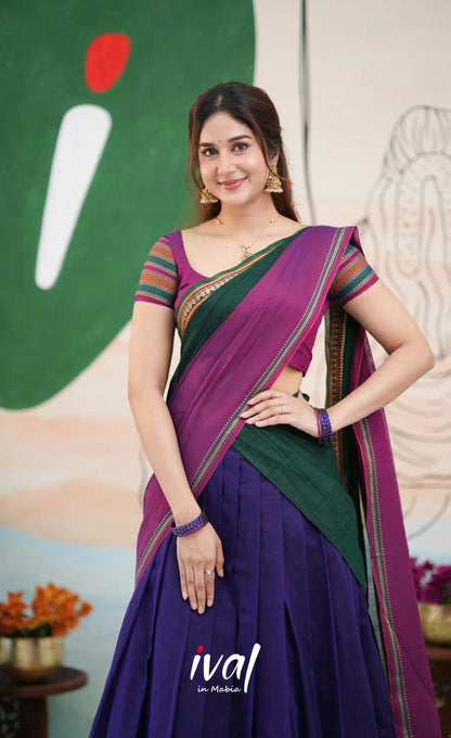 Niyati - Dark Purplish Blue with Violet Narayanpet cotton Halfsaree - Half Sarees