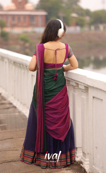 Niyati - Dark Purplish Blue with Violet Narayanpet cotton Halfsaree - Half Sarees