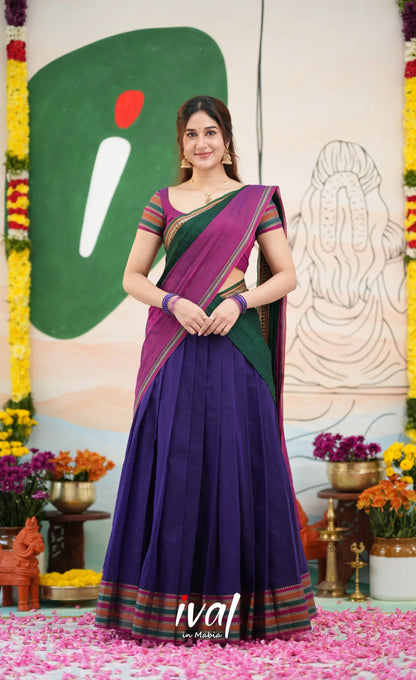 Niyati - Dark Purplish Blue with Violet Narayanpet cotton Halfsaree - Half Sarees