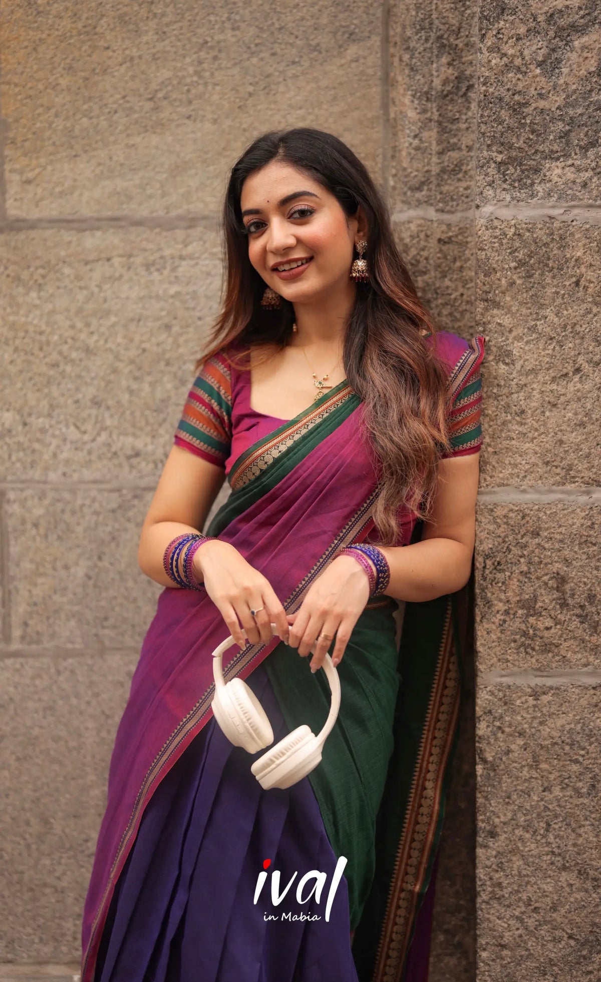 Niyati - Dark Purplish Blue with Violet Narayanpet cotton Halfsaree - Half Sarees