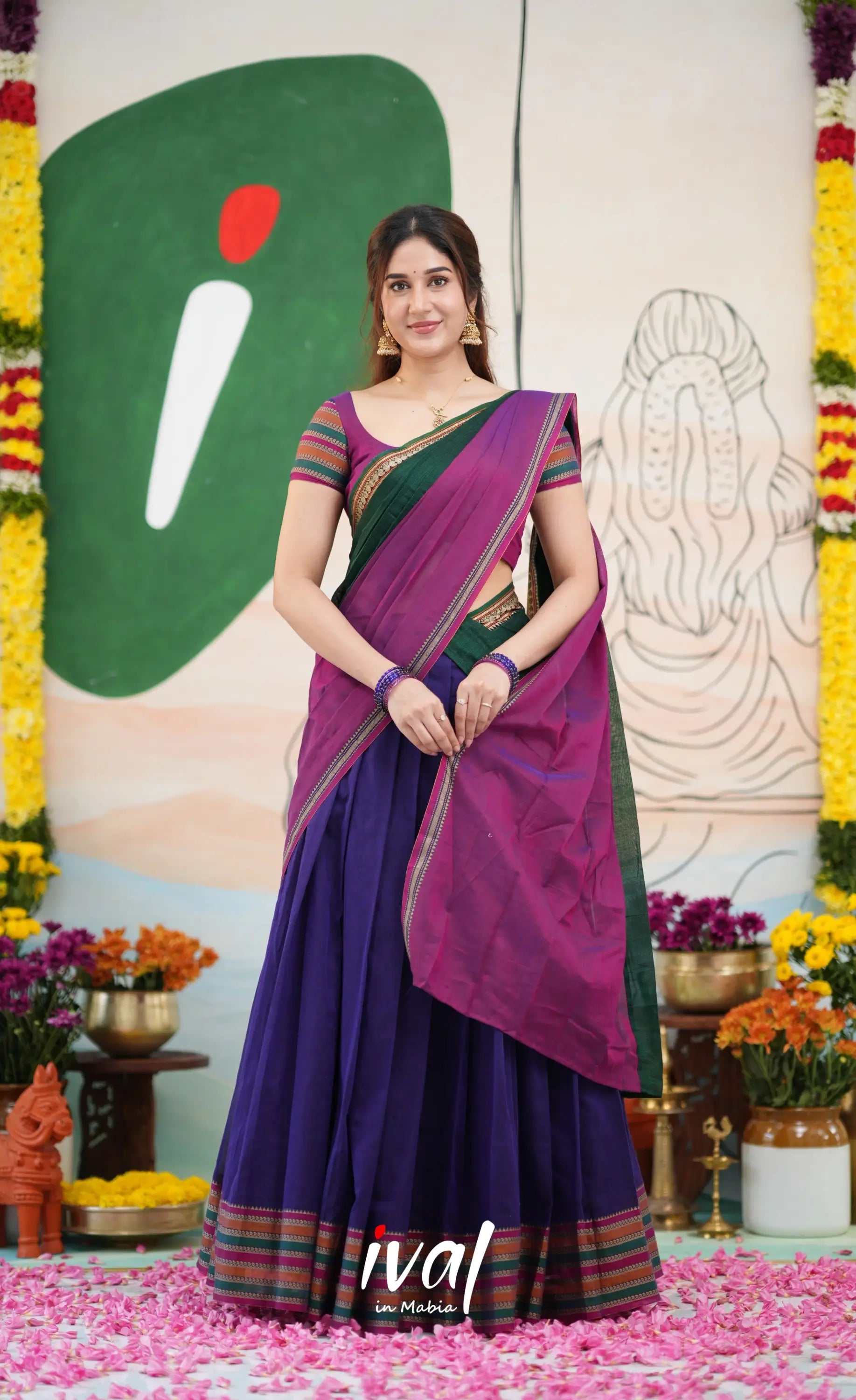 Niyati - Dark Purplish Blue with Violet Narayanpet cotton Halfsaree - Half Sarees