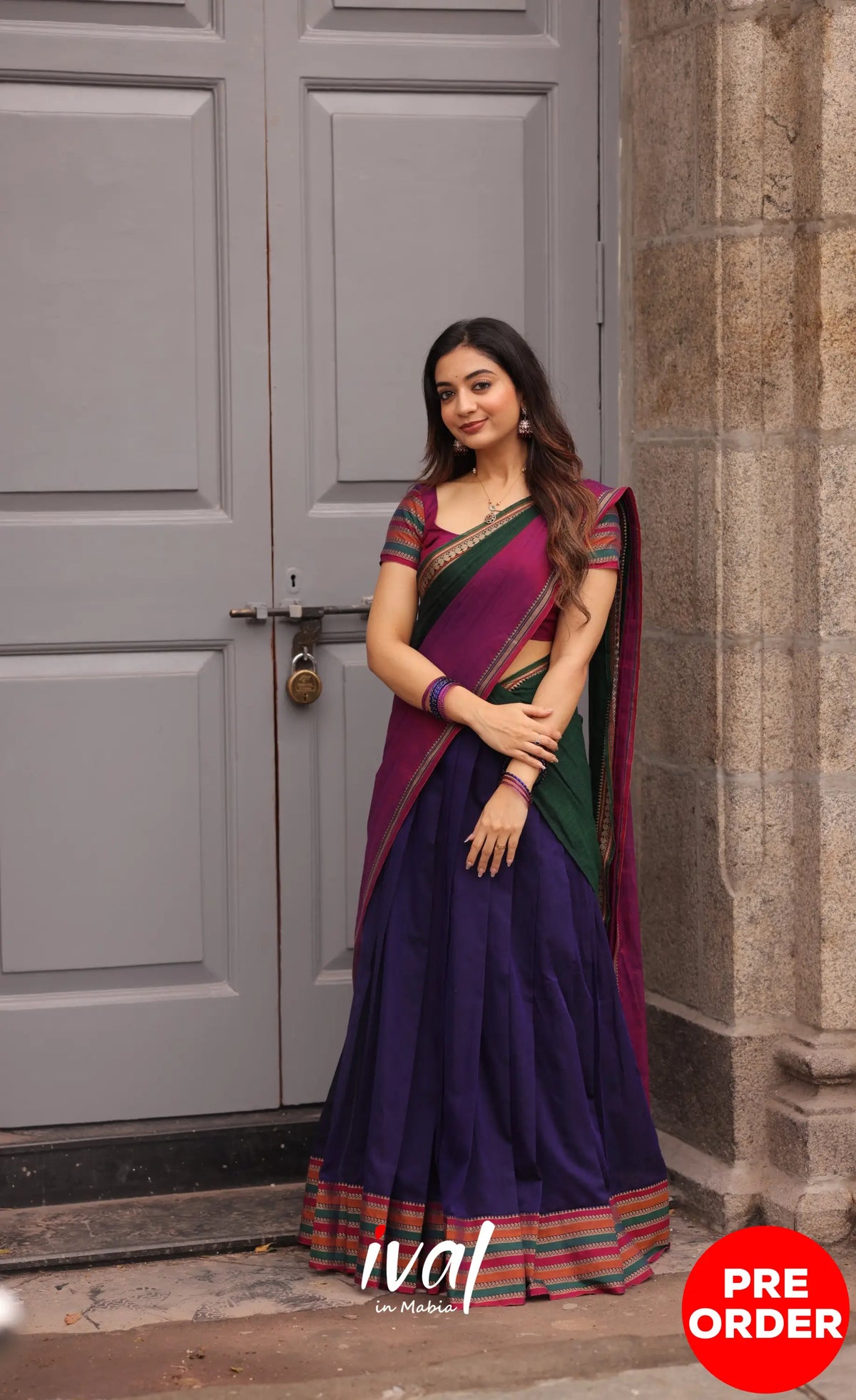 Niyati - Dark Purplish Blue with Violet Narayanpet cotton Halfsaree - Half Sarees