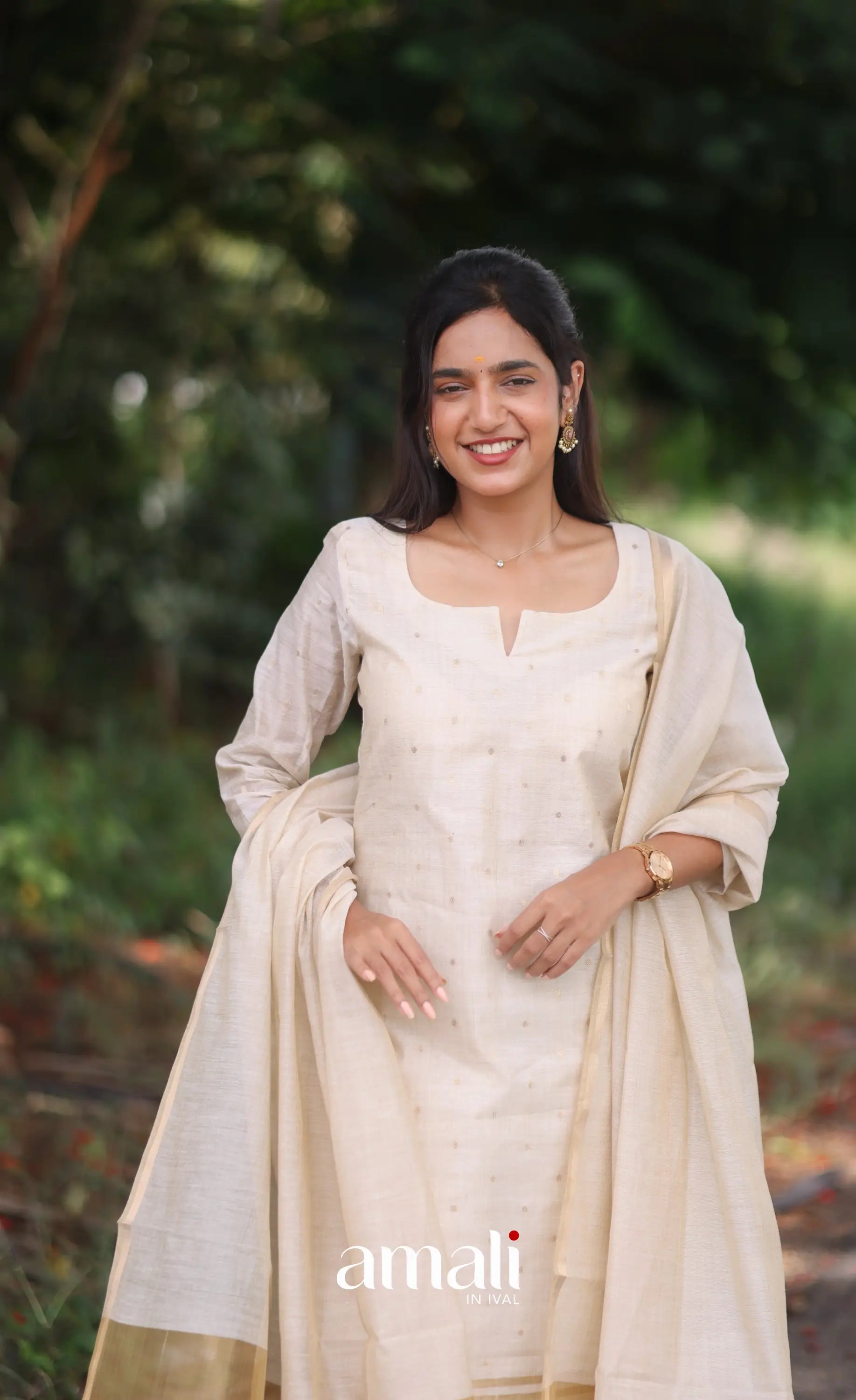 Off-white and Light gold Viscose Chanderi Salwar - salwar