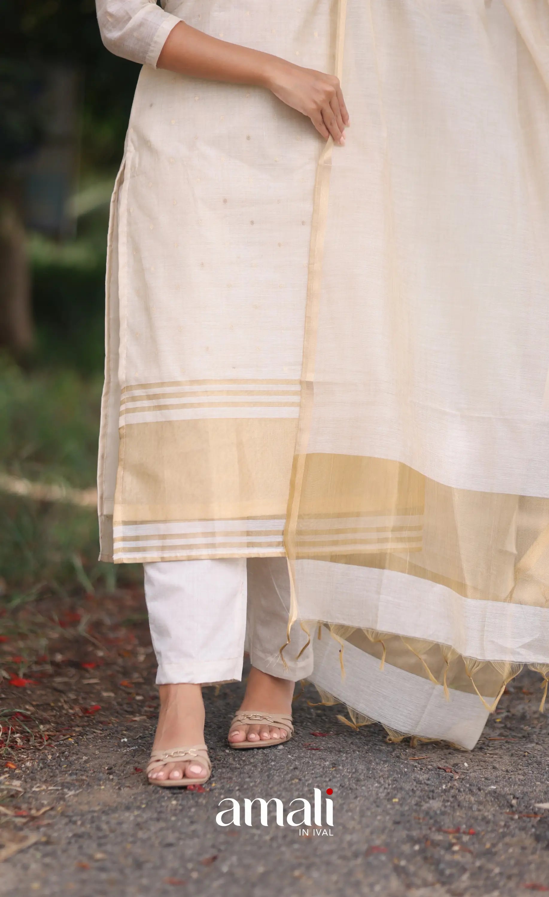 Off-white and Light gold Viscose Chanderi Salwar - salwar