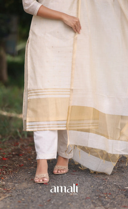 Off-white and Light gold Viscose Chanderi Salwar - salwar
