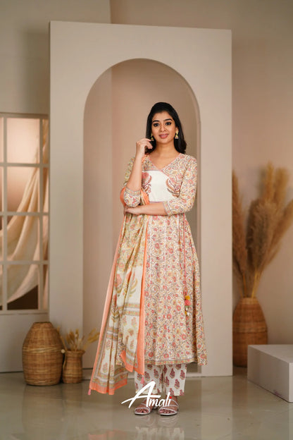 Off White And Peach Cotton Anarkali Anarkalis