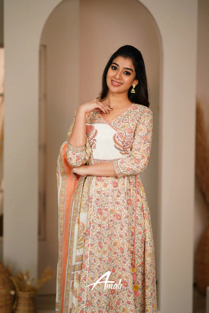 Off White And Peach Cotton Anarkali Anarkalis