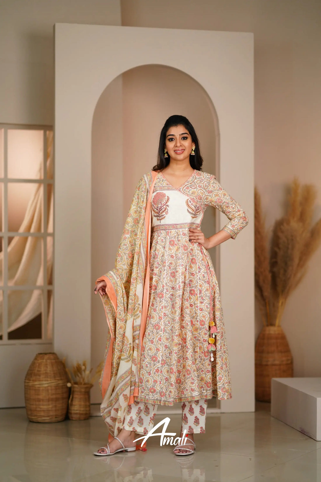 Off White And Peach Cotton Anarkali Anarkalis