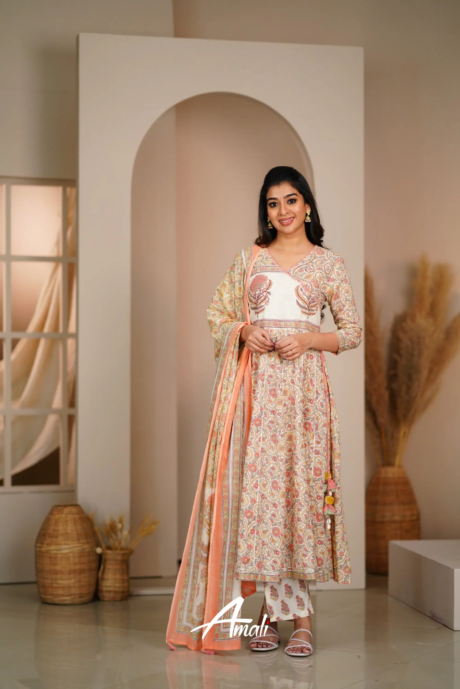 Off White And Peach Cotton Anarkali Anarkalis