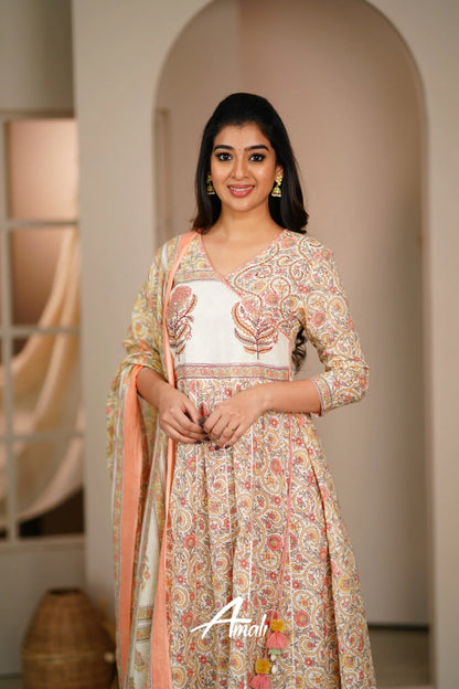 Off White And Peach Cotton Anarkali Anarkalis