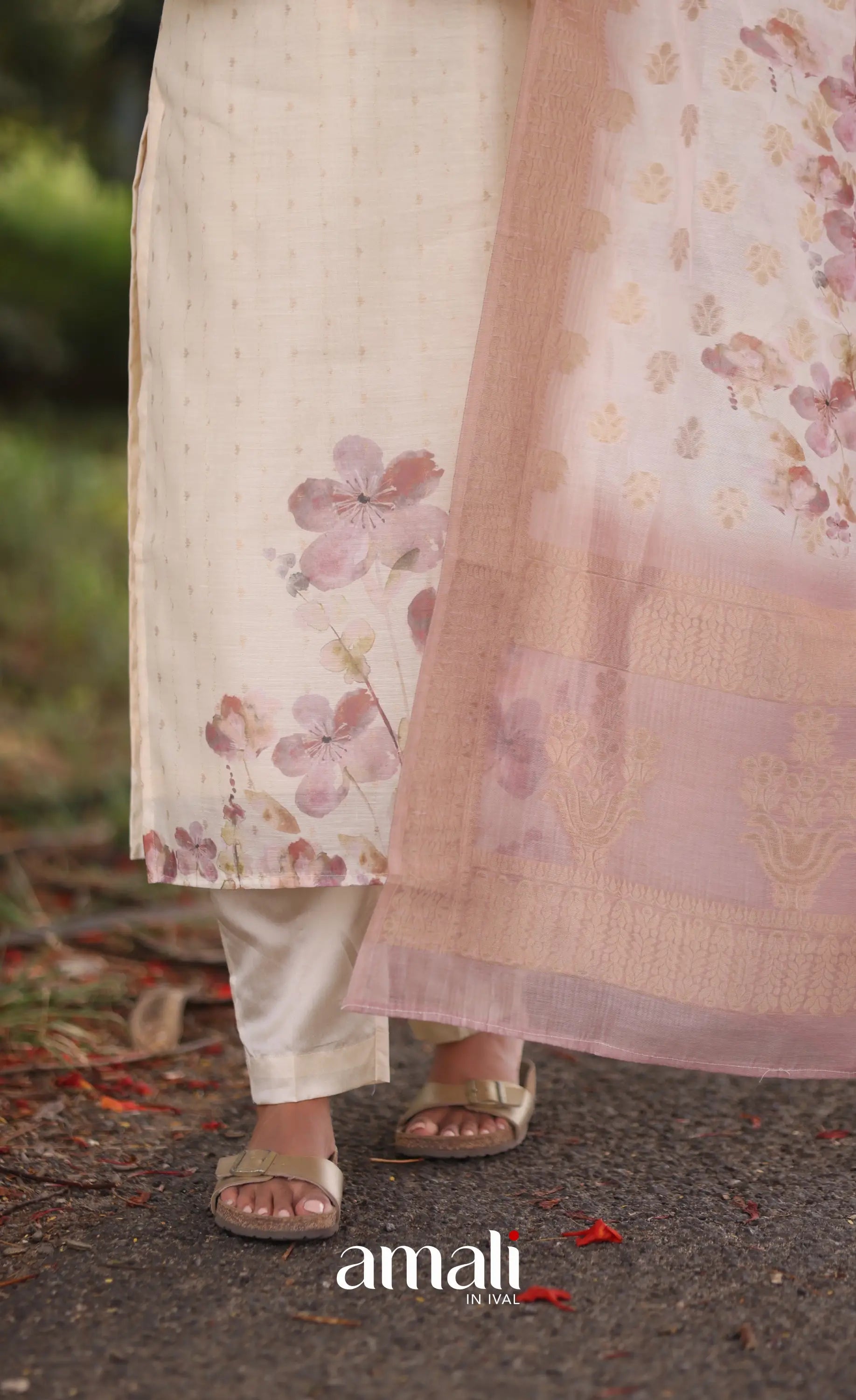 Off-white and Pink Viscose Chanderi Salwar - salwar
