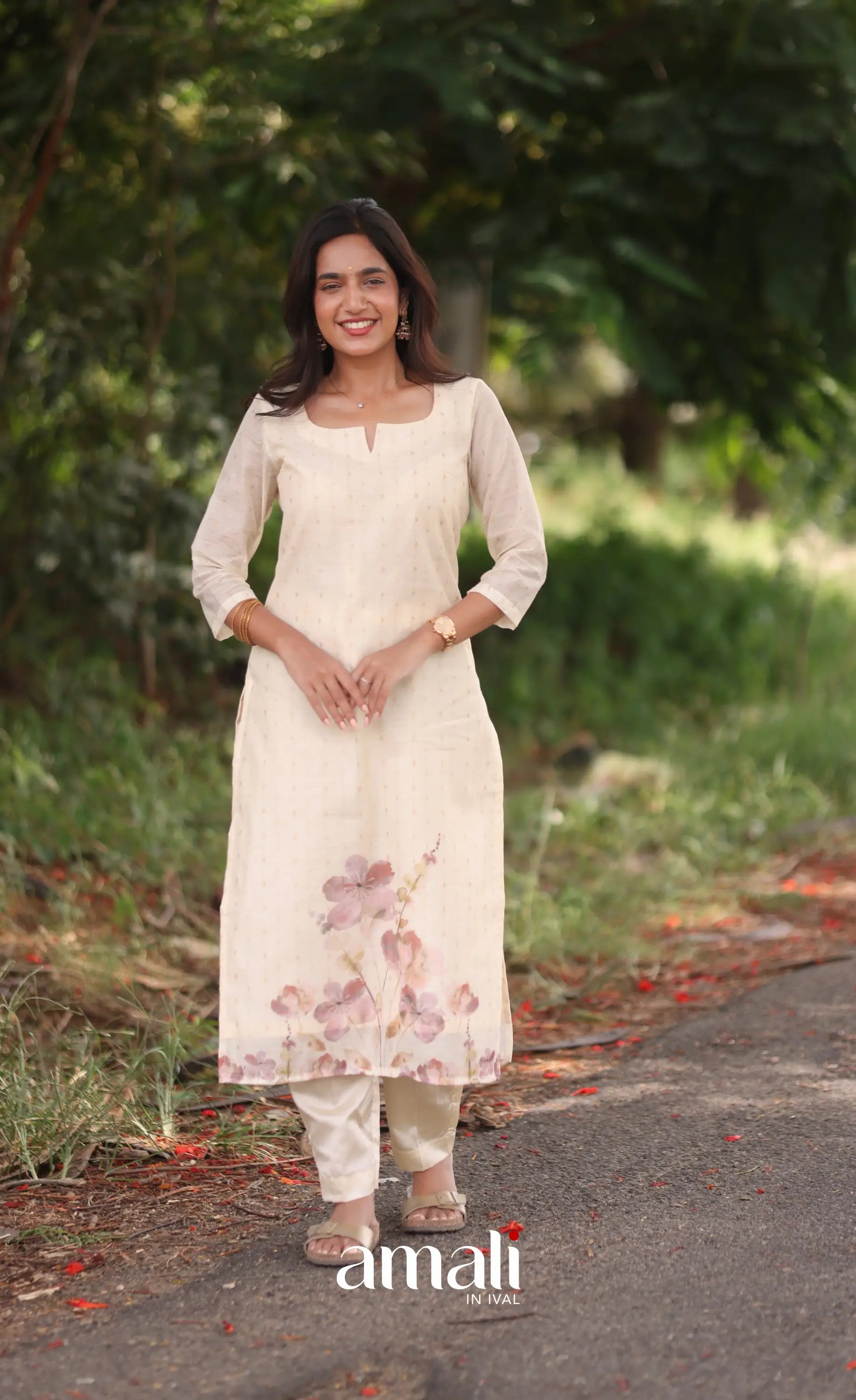 Off-white and Pink Viscose Chanderi Salwar - salwar