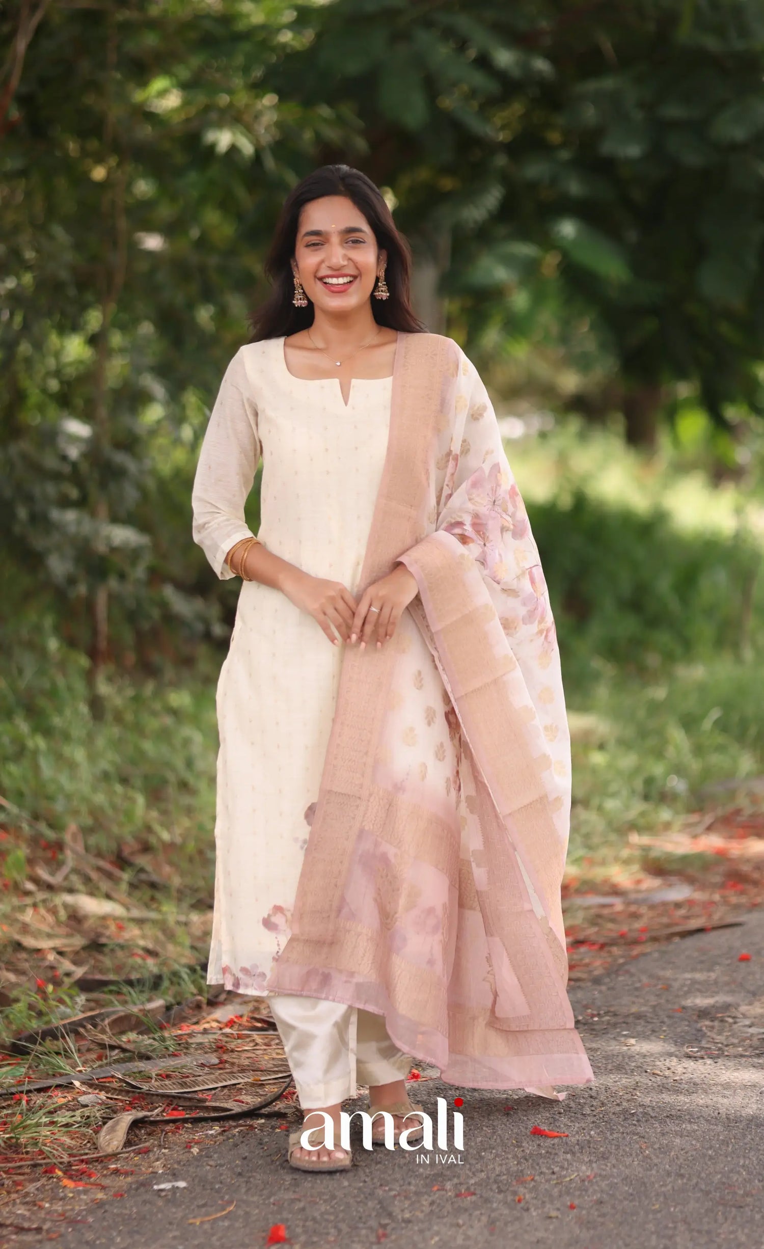 Off-white and Pink Viscose Chanderi Salwar - salwar