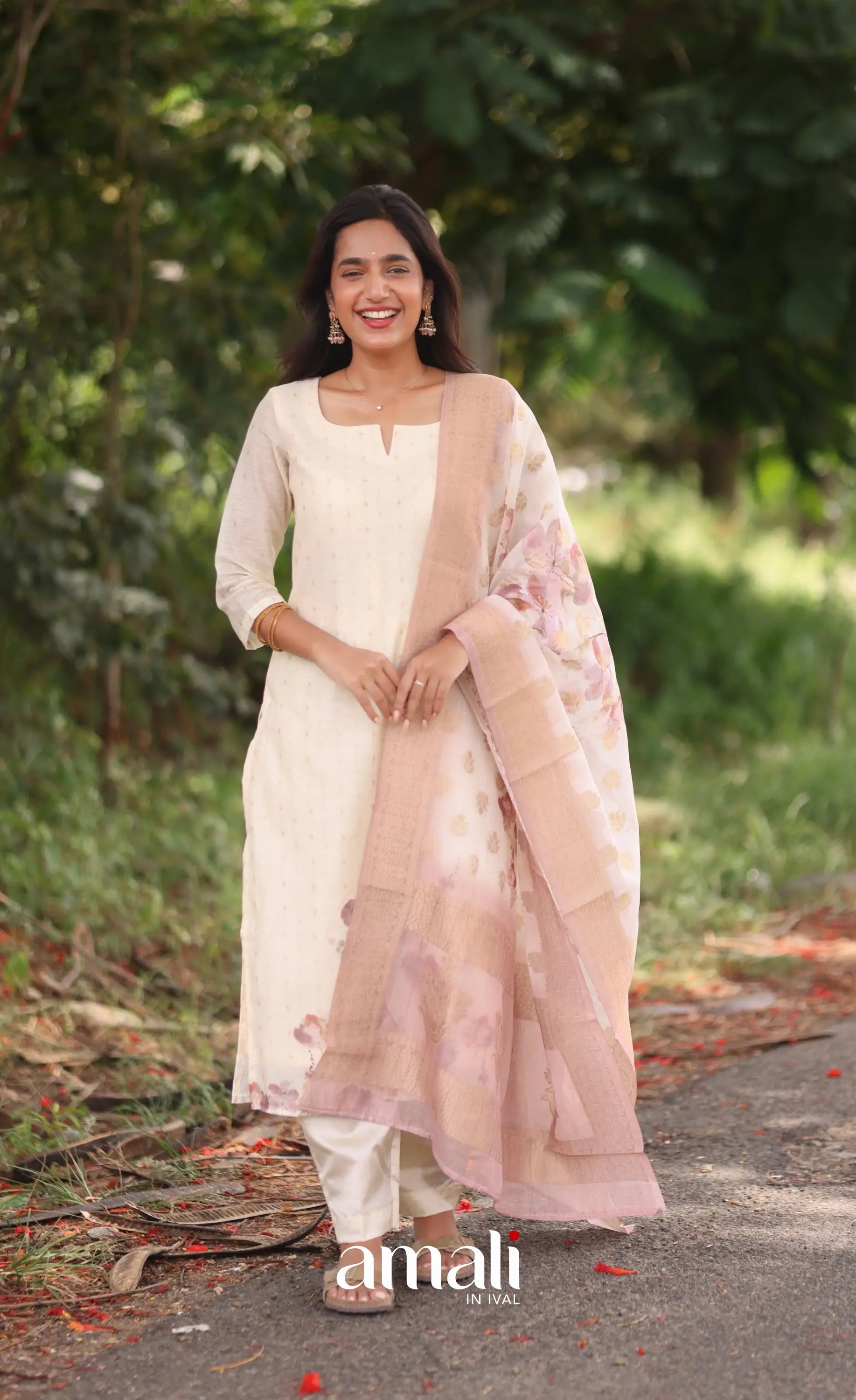 Off-white and Pink Viscose Chanderi Salwar - salwar