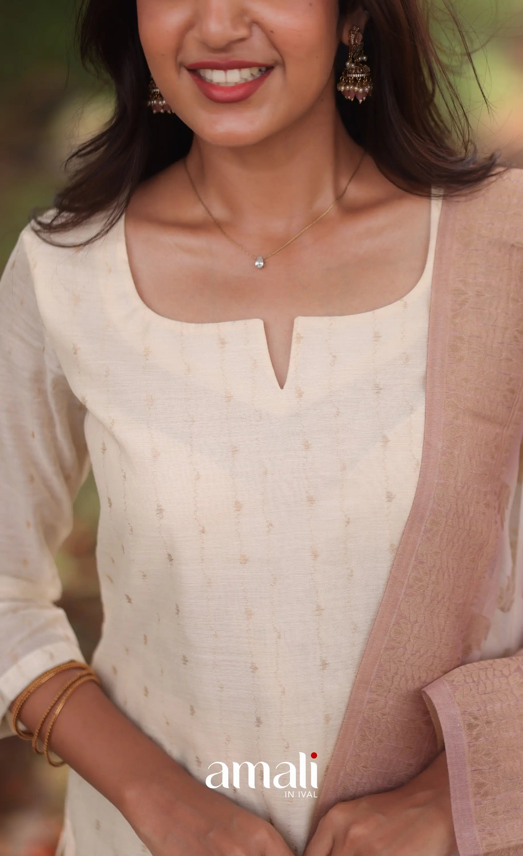 Off-white and Pink Viscose Chanderi Salwar - salwar