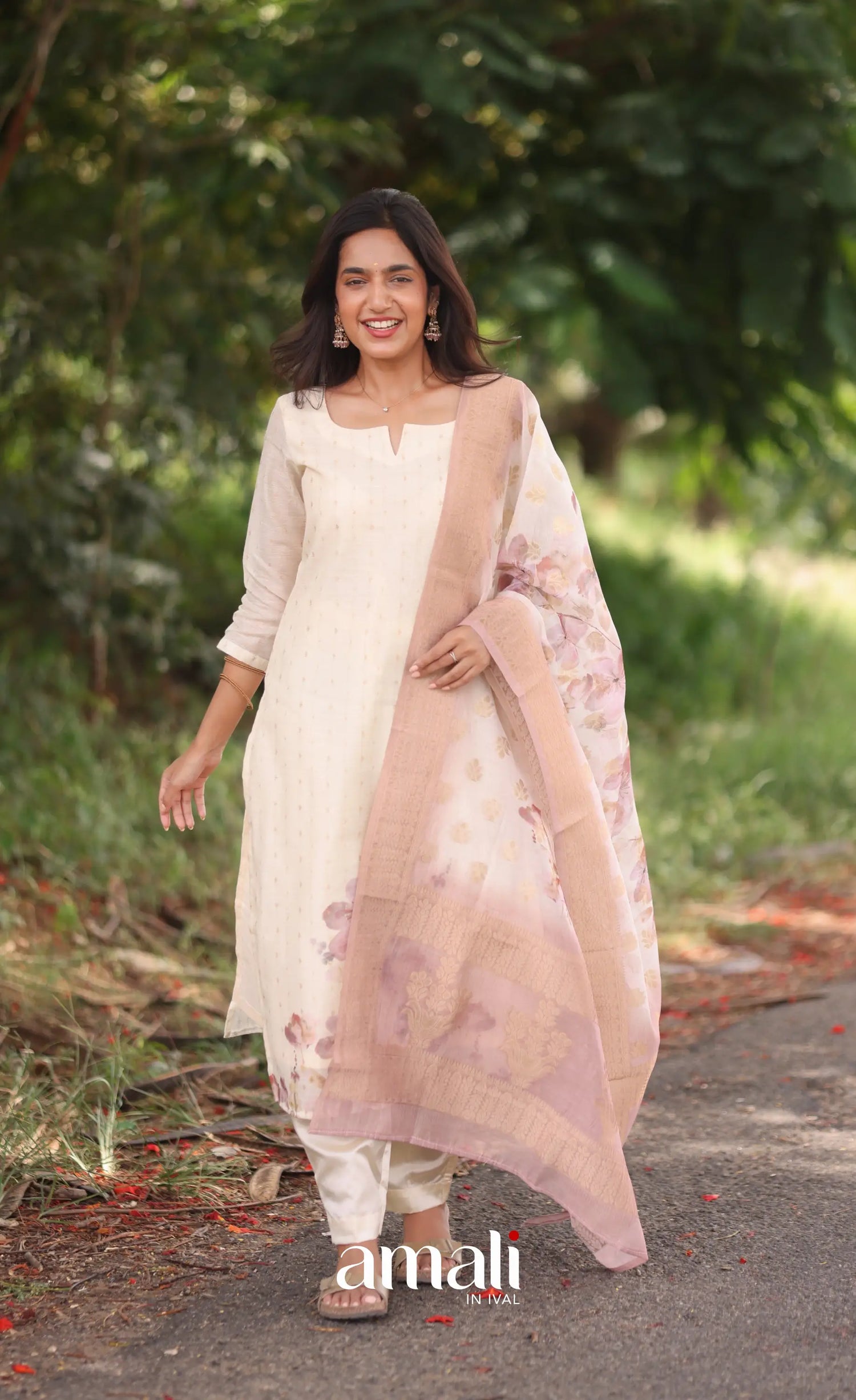 Off-white and Pink Viscose Chanderi Salwar - salwar