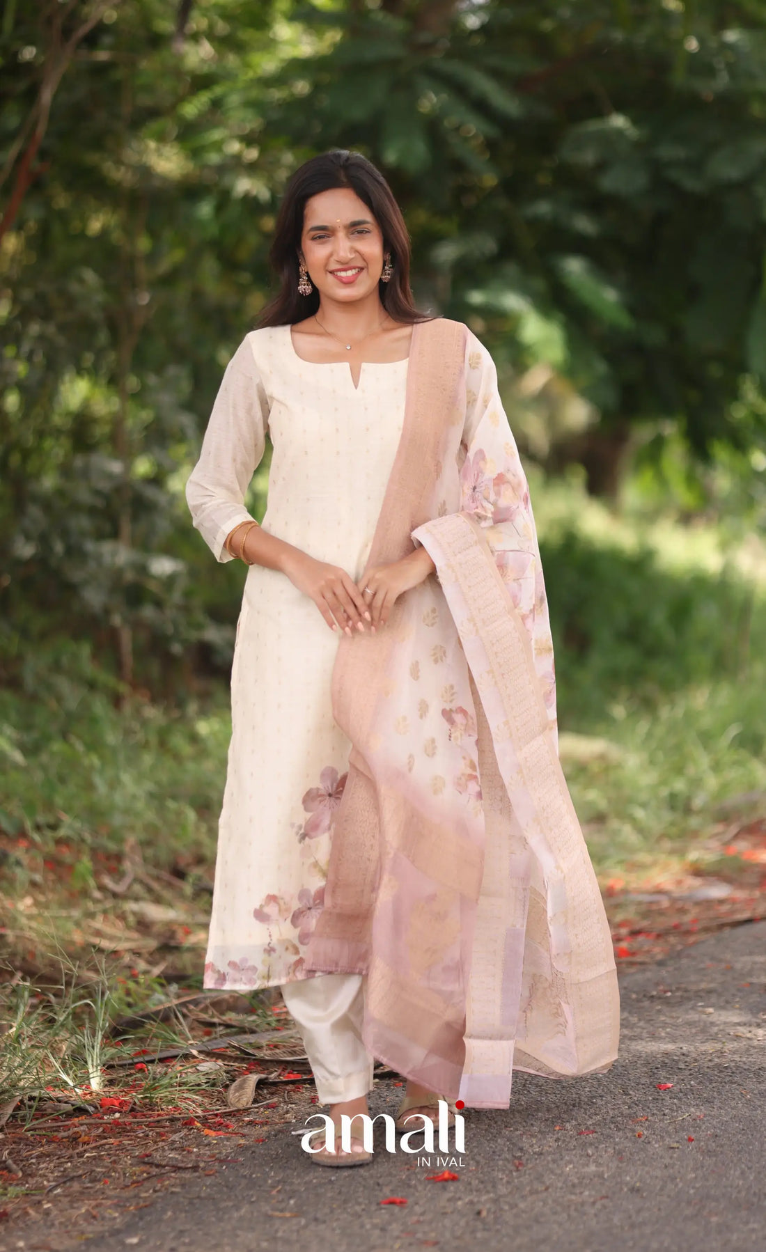 Off-white and Pink Viscose Chanderi Salwar - salwar