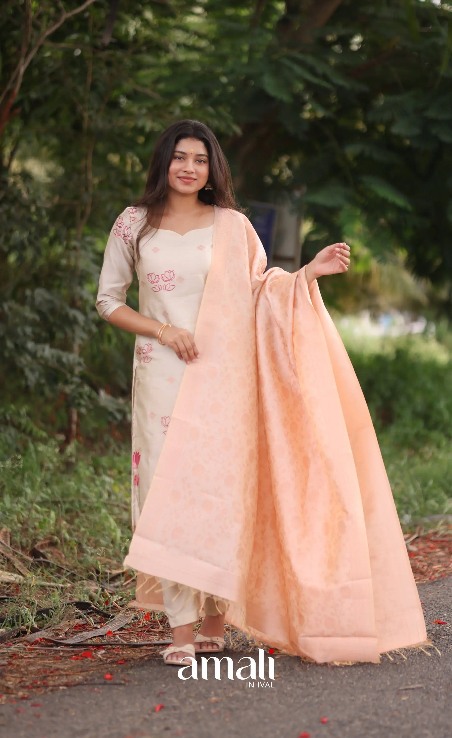 Off-white and Pinkish peach Blended Silk Salwar - salwar