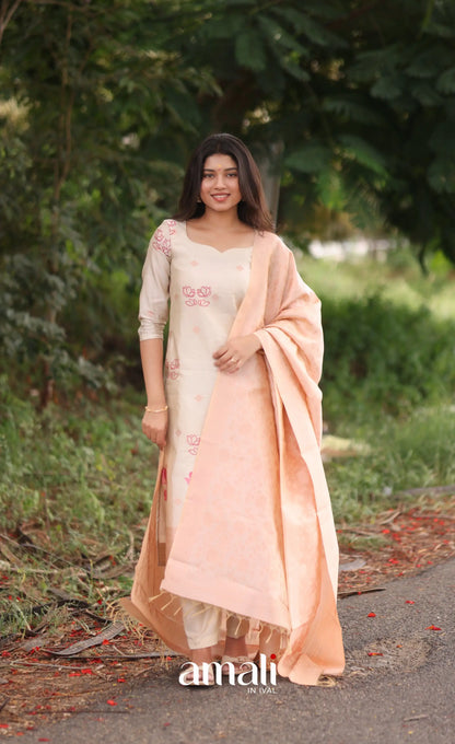 Off-white and Pinkish peach Blended Silk Salwar - salwar