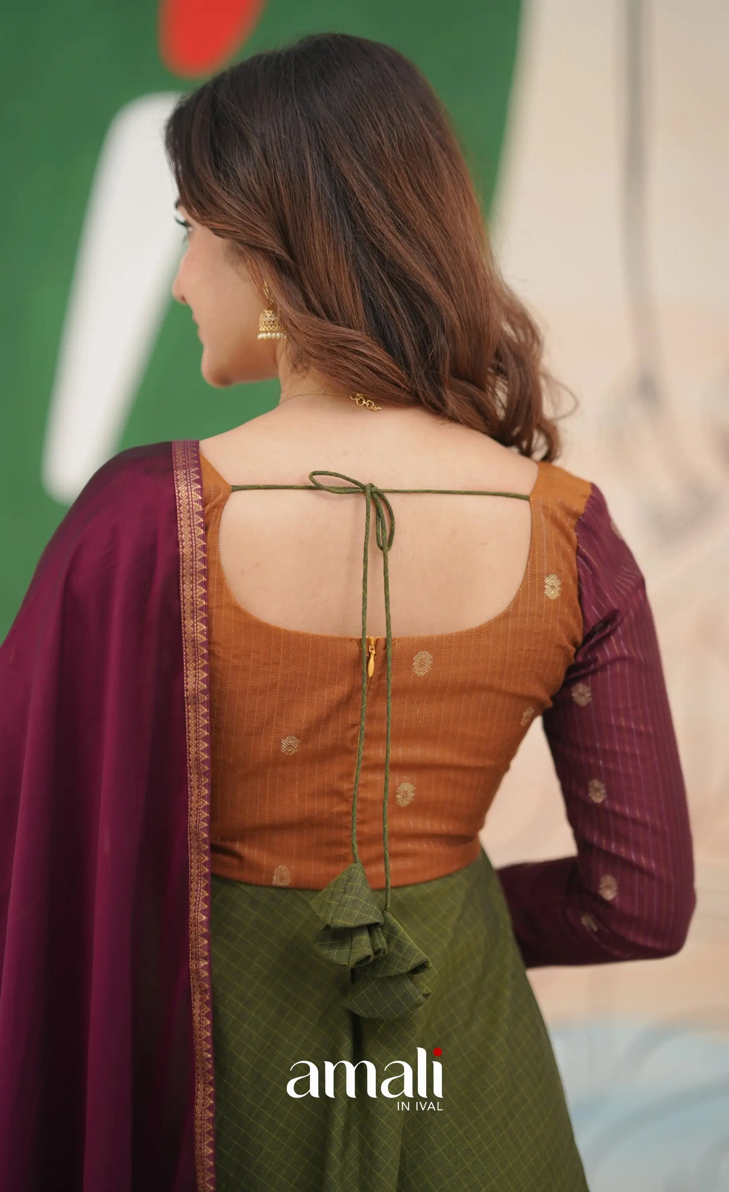 Olive Green and Maroon Chettinad Cotton Anarkali Anarkalis