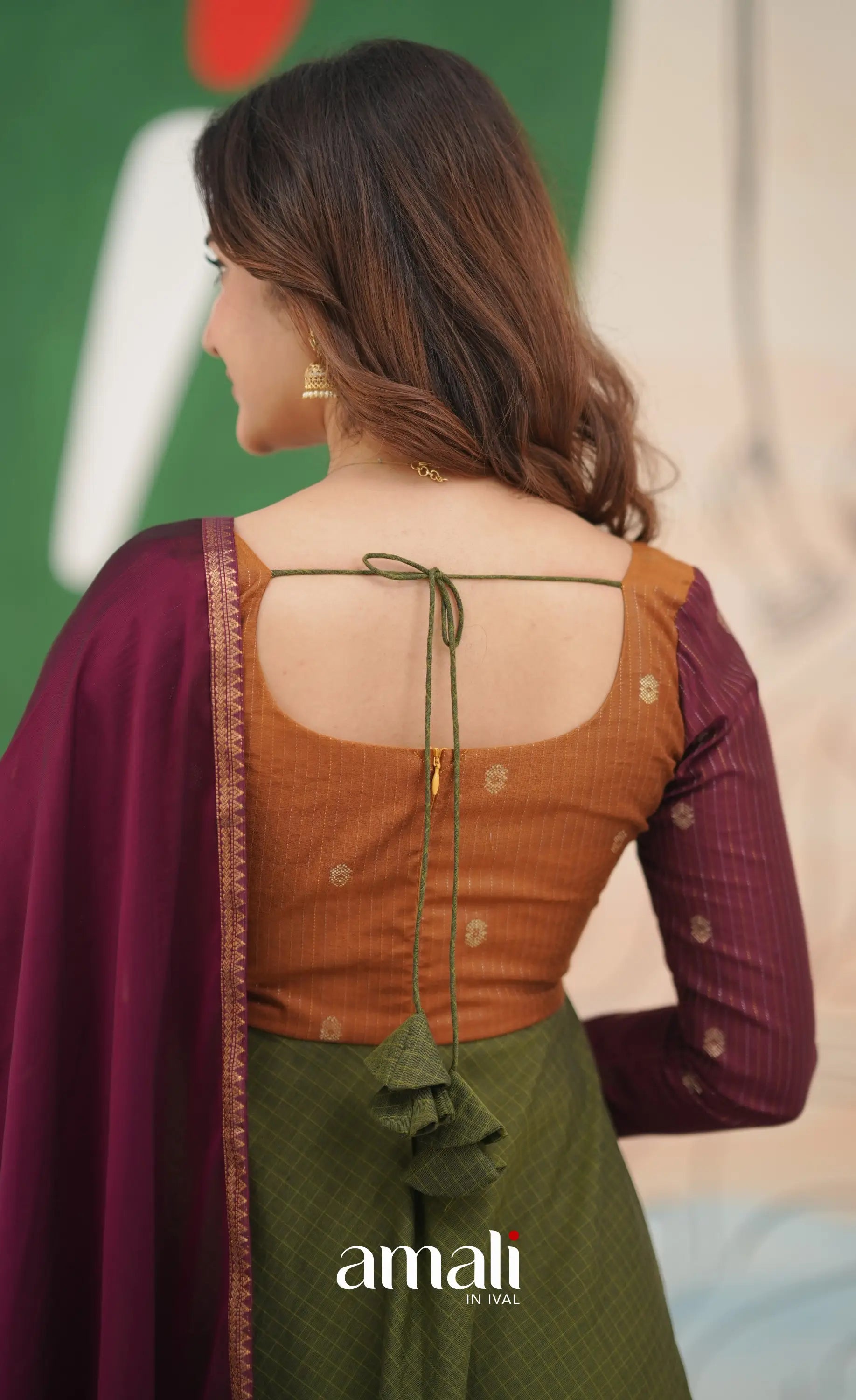 Olive Green and Maroon Chettinad Cotton Anarkali Anarkalis