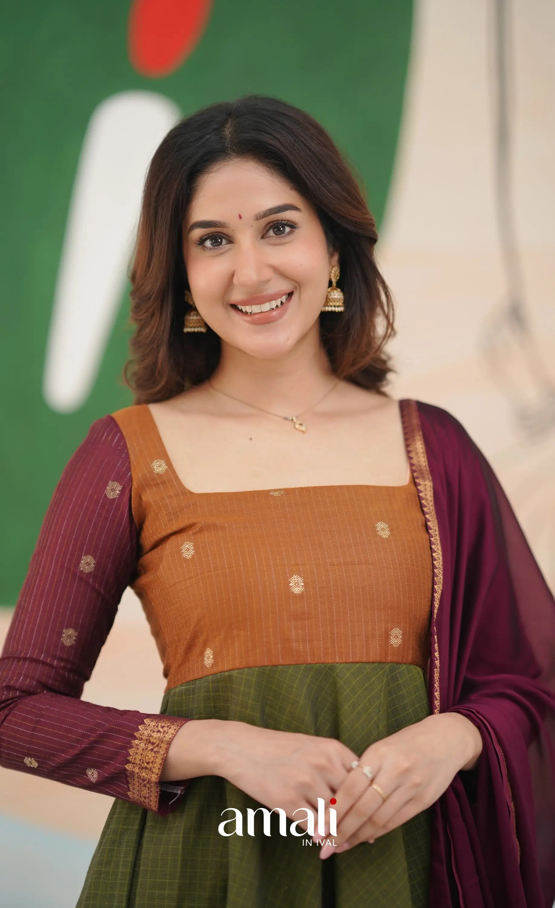 Olive Green and Maroon Chettinad Cotton Anarkali Anarkalis