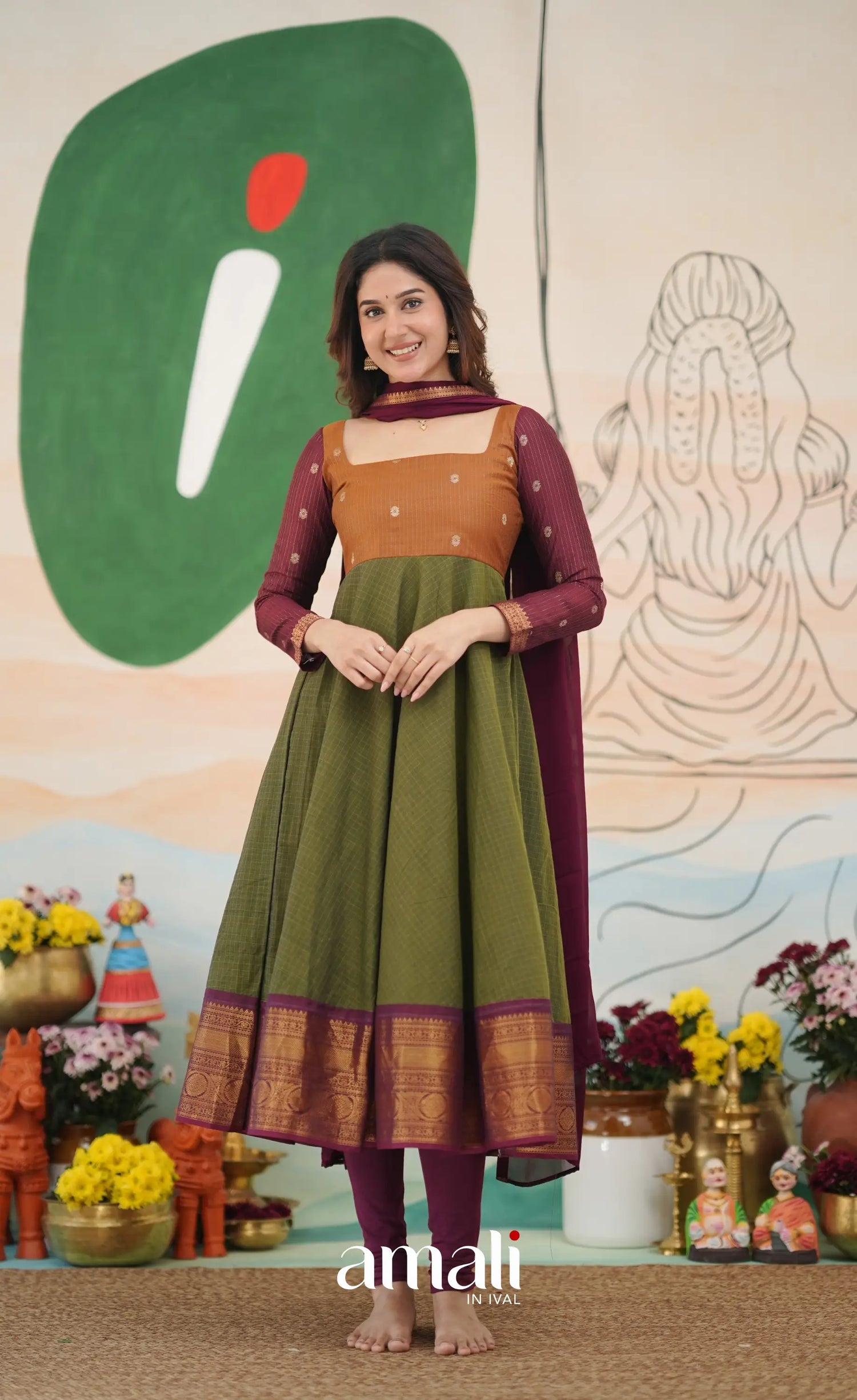 Olive Green and Maroon Chettinad Cotton Anarkali Anarkalis