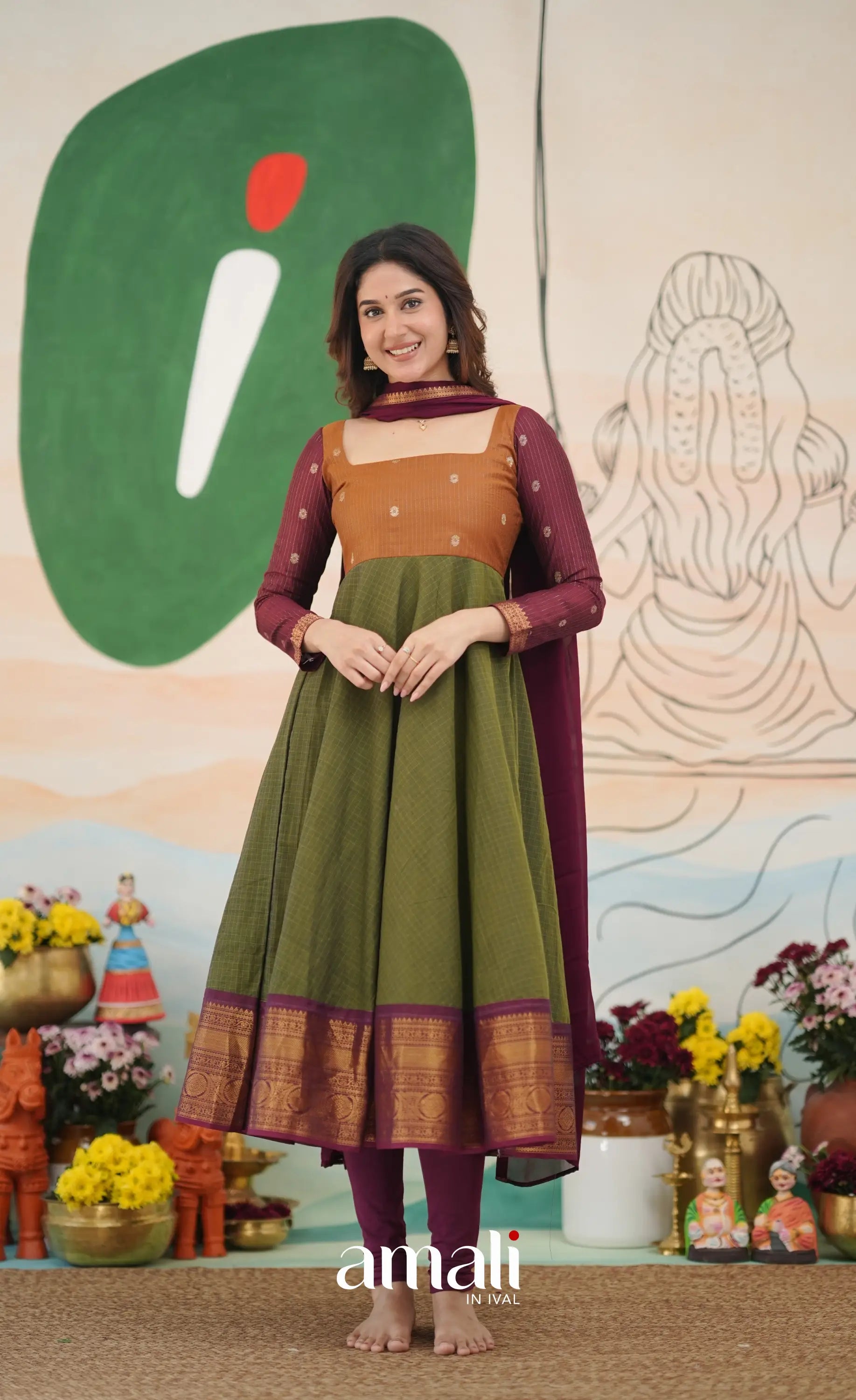 Olive Green and Maroon Chettinad Cotton Anarkali Anarkalis
