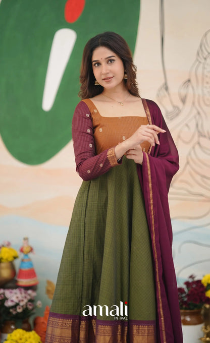 Olive Green and Maroon Chettinad Cotton Anarkali Anarkalis