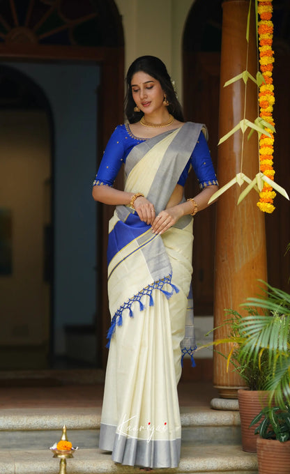 Omana Cotton Saree - Cream And Royal Blue Sarees