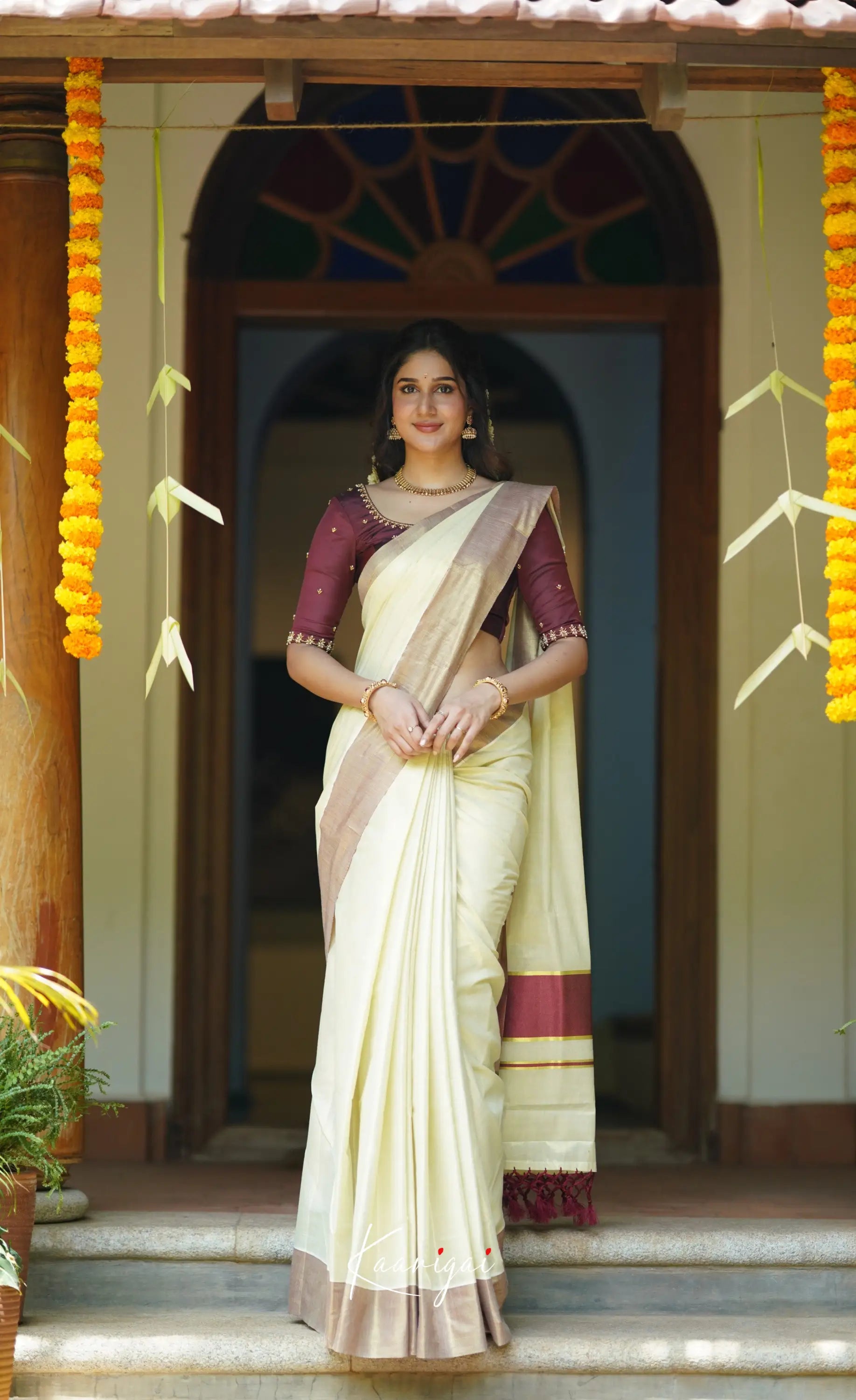 Omana Cotton Saree - Cream White And Maroon Sarees