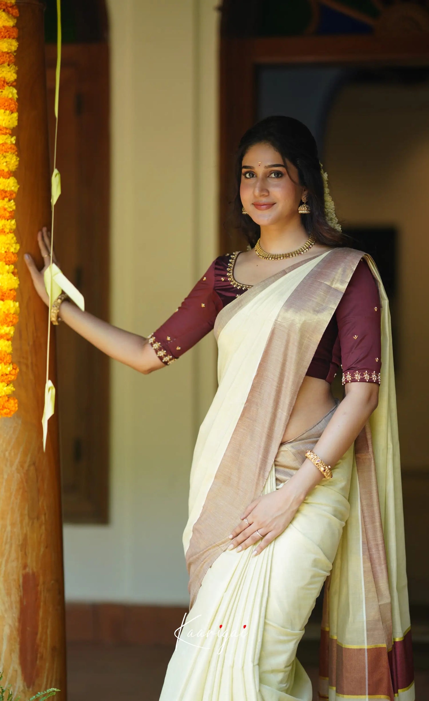 Omana Cotton Saree - Cream White And Maroon Sarees