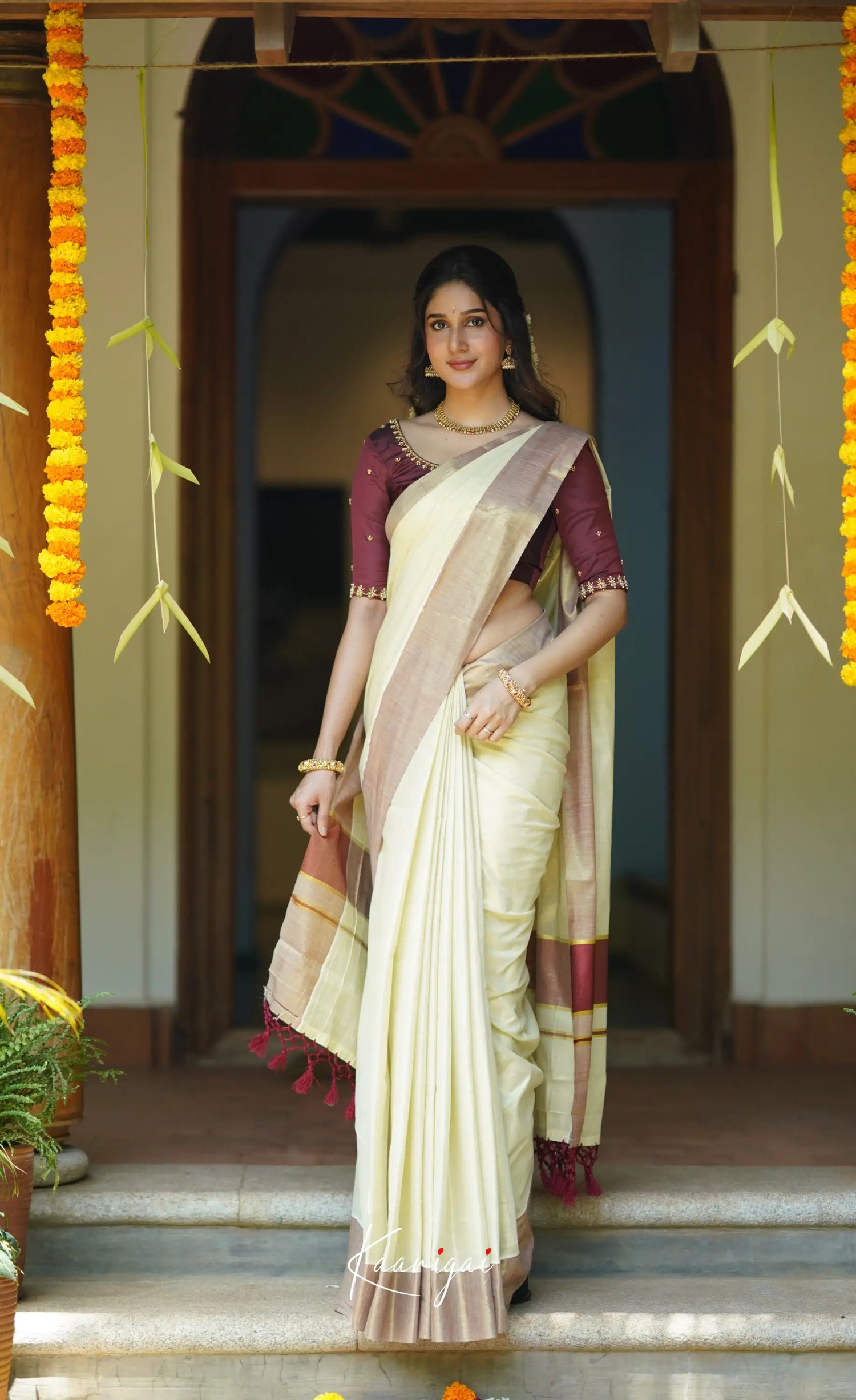 Omana Cotton Saree - Cream White And Maroon Sarees