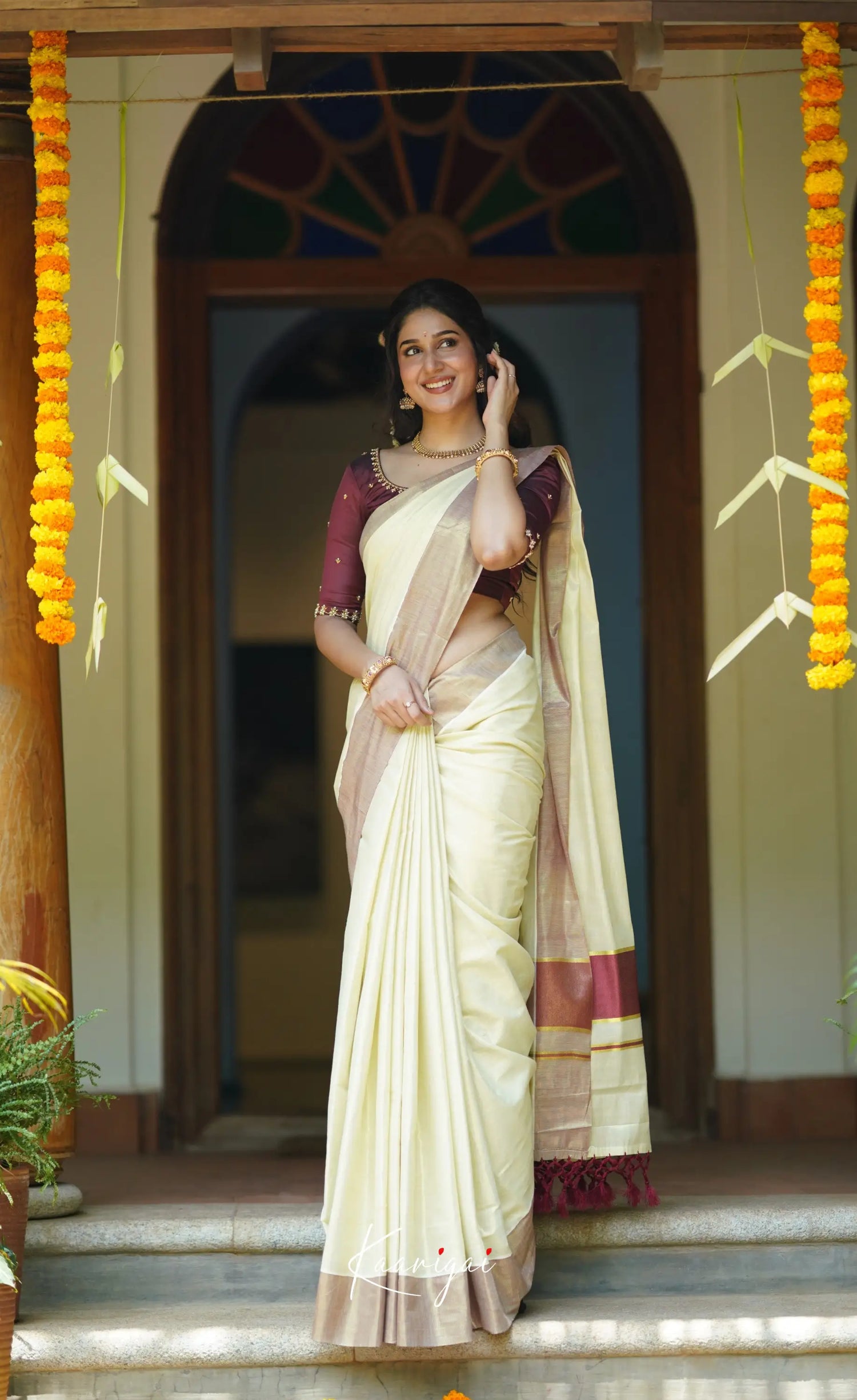 Omana Cotton Saree - Cream White And Maroon Sarees