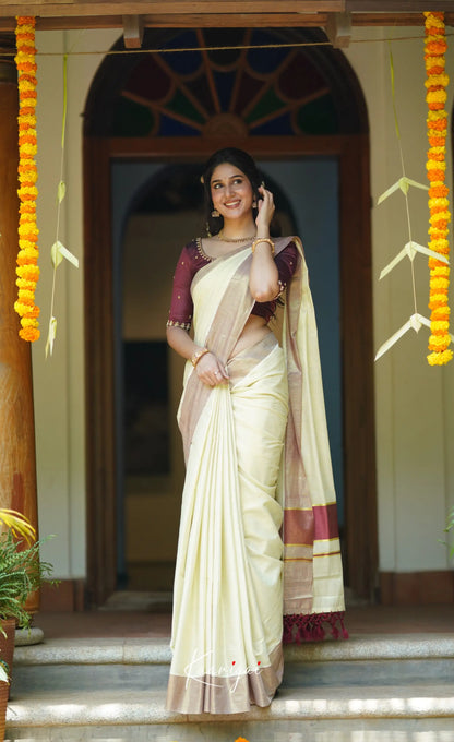 Omana Cotton Saree - Cream White And Maroon Sarees