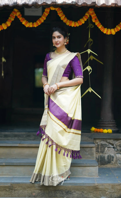 Omana Cotton Saree - Cream White And Purple Sarees